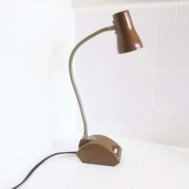 Vintage Small Brown Metal Industrial Gooseneck Lamp -  80s Desk Office Task Lamp Flexible Neck 
