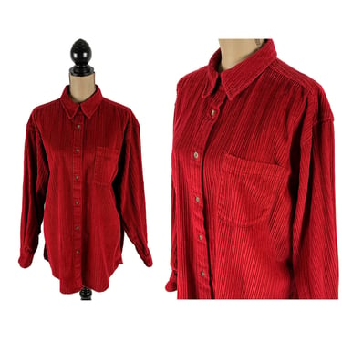 Plus Size Corduroy Shirt, Red Long Sleeve Oversized Button Up, Casual Winter Clothes for Women, Vintage 90s Y2K from EDDIE BAUER XL 2X 