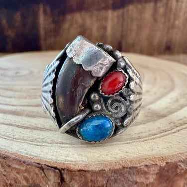 LAPIS CORAL RUSH Vintage Sterling Silver Ring | Most Likely Navajo, Southwestern Jewelry | | Large Statement Ring | Size 11 1/4 