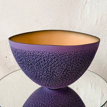 Purple Lava Textured Bowl | signed ER | vintage fruit dish | yellow orange inner glaze 