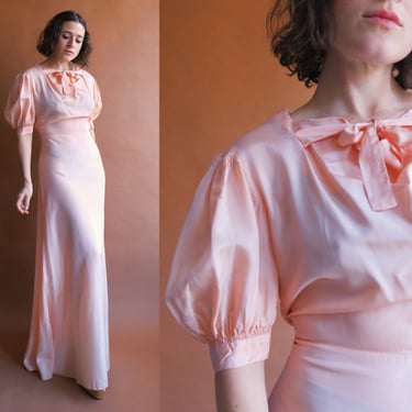 Vintage 40s Pink Dressing Gown/ 1940s Puff Sleeve Maxi Dress/ Size Medium 
