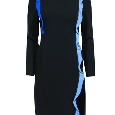 Black Halo - Black Long Sleeve Midi Dress w/ Blue Ruffled Trim Sz 2
