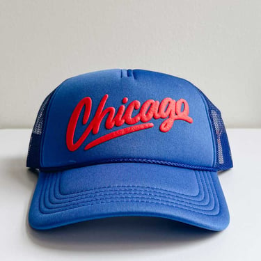 Chicago Script Trucker Hat in Royal