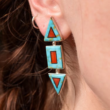 Modernist Turquoise Coral Stud Earrings, Beautiful Stone Inlay, BGM Sterling, New Mexico Jewelry, 2