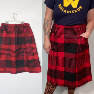 Vintage 80s Plus Size Plaid Wool Blend Midi Skirt Made In USA Size 16 