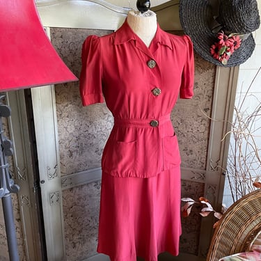 Vintage 1930s 40s Red Rayon Skirt Suit Set 2 piece - Size XS 