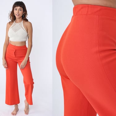 70s Bell Bottom Pants Orange Polyester High Waisted Trousers Boho Flared 1970s High Elastic Waist Hippie Vintage Bohemian Small 