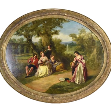 1867 Thomas Roberts Genre Oil Painting Mother & Son w Musicians Oval Frame 