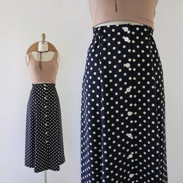 navy dot skirt - m - vintage womens blue 90s y2k polka dot full flowy midi long size medium skirt cute with pockets 