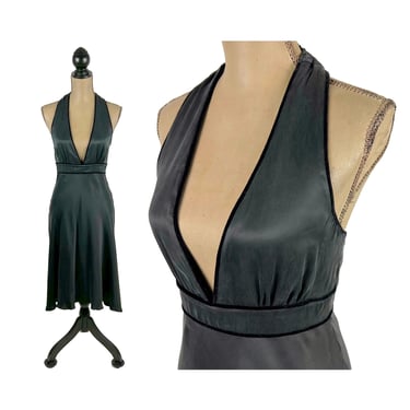 S-M Y2K Black Silk Dress, Cocktail Party Fit and Flare Midi Dress, Halter Neck Open Back Low Cut Plunge, 2000s Clothes Women from TO THE MAX 