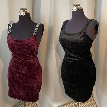 90s vintage crushed velvet body con club dress with chain straps black purple XL 