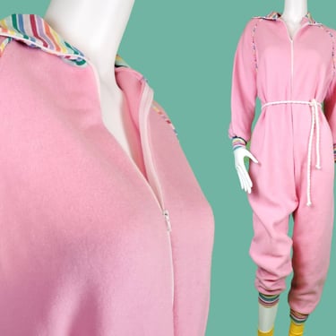 Deadstock vintage loungewear by Sears Jr Bazaar. Adult onesie, pajamas, one piece, fleece. Cotton candy pink with rainbow trim. Size S. 
