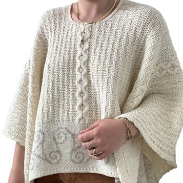 Connemara Knitwear White Merino Wool Celtic Irish Fisherman Cape Poncho 