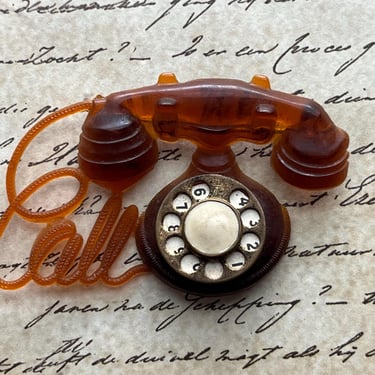 vintage rotary telephone brooch 1950s plastic Call pin 