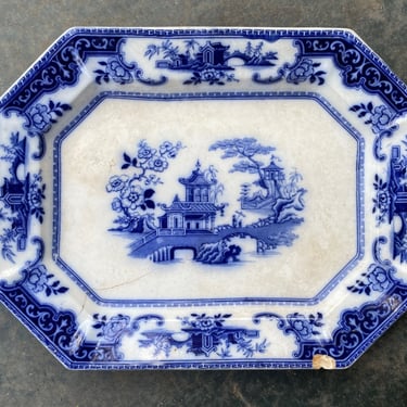 1830s W Ridgway Flow Blue Peking Pattern Serving Plate Ceramic Platter Decor Prop Cracked 