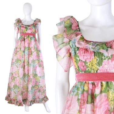 GORGEOUS Late 1960s Pink Floral Ruffled Maxi Dress - 1960s Nylon Chiffon Floral Maxi - 60s Spring Dress - Vintage Spring Dress | Size Medium 