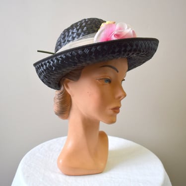 1960s Genevieve Black Straw Hat with Pink Rose 