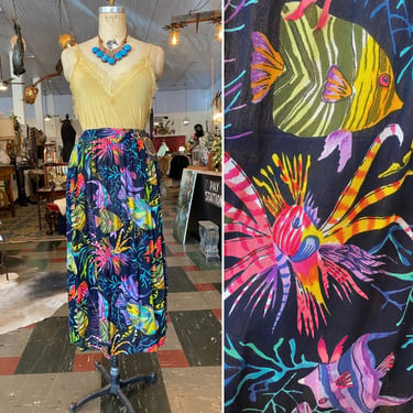 1980s novelty print skirt, tropical fish, vintage broomstick skirt, medium, adini, made in india, midi, colorful 