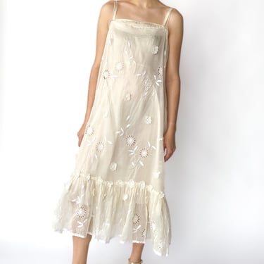 1920s Sheer Ivory Floral Applique Slip Dress, sz. 2XL