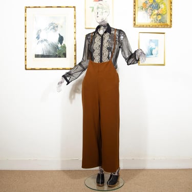 Vintage 1990s Brown Maxi Jumpsuit Wide Leg Shoulder Straps Sleeveless Size M 