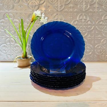 1970's Duralex Bormioli Rocco France Cobalt Blue Swirl Pattern 9 Inch Plate - 8 Available - Sold Individually 