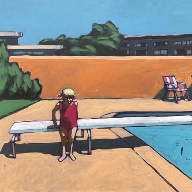 Pool #105 - Original Acrylic Painting on Canvas 24 x 18 swimming, summer, michael van, retro, mcm, vintage, diving board, girl, chair, child 