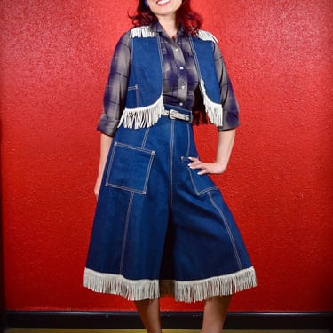 1950s Denim & Fringe Western Divided Skirt Suit 