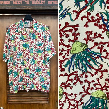 Vintage 1980’s 1950’s Style “Nick & Nora” Rayon Underwater Jellyfish Loop Collar Hawaiian Shirt -Deadstock- 80’s Vintage Clothing 