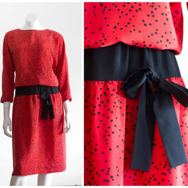 Vintage 1980s Red and Black Polka Dot Dress with Bow | Long Sleeve | Drop Waist 