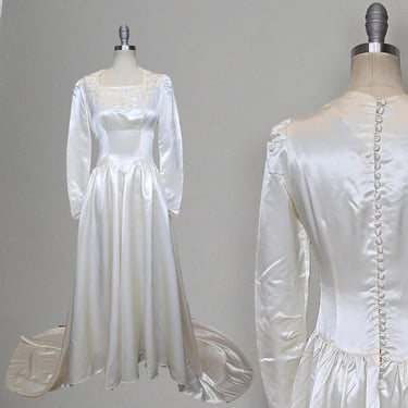 1940s Wedding Gown / Satin Wedding Gown / Wedding Dress with Train /  Beaded Wedding Dress /Vintage Wedding Dress / Size Small 