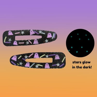 Halloween Hair Clip Set - Pastel Purple Ghosts & Stars - Glow in the Dark - Cute Spooky Barrette Clips 