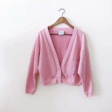 Vintage 90s Express Pink Cropped Cardigan S M - Grunge Baggy Boxy Rose Pastel Preppy V Neck Sweater 