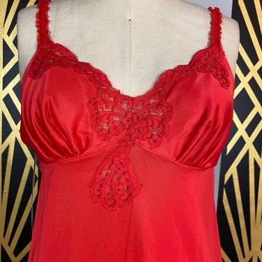 1970s nightgown, vintage lingerie, red nylon, empire waist, size medium, sexy sleepwear, 34 36, sears, nightie 