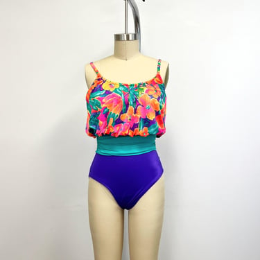 Vintage 80s Bathing Suit | Dopamine Blouson One Piece | Electric Purple Turquoise and Orange | size 12 