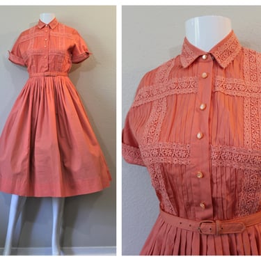 Vintage 1950's Amazing Pintuck Lace Coral Cotton Day Dress NOS Cuffed Sleeves pinup girl // US 0 2 4 xs 