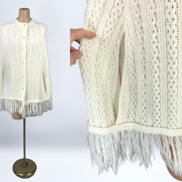 VINTAGE 60s 70s Cream Knit Fringed Pancho Jacket | 1960s 1970s Fringed Sweater Cape | Button Front BOHO Hippie Cardigan | OSFM vfg 