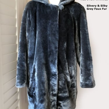 Silvery Grey Faux FUR COAT Hoodie Dennis Basso Designer Vintage Overcoat, 1980's, Medium Disco Chubby Gray Mink Fox 
