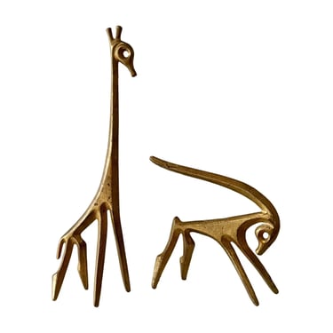Pair Vintage Mid Century Modern Frederic Weinberg Bronze Sculptures Giraffe and Gazelle Form 