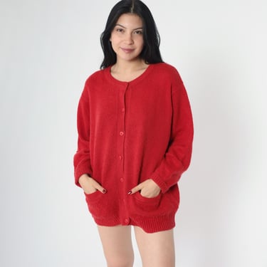 Vintage Red Cardigan 90s Knit Button up Pocket Sweater Plain Basic Slouchy Minimal Acrylic Knitwear 1990s Women's Extra Large xl 