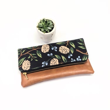 Rifle Paper Navy and Blush Peony Clutch: Fold Over Clutch, Vegan Leather Bag, Vegan Clutch, Bridesmaid Gift, Floral Bag 