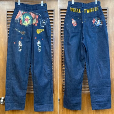 Vintage 1940’s w25 Hand Painted Denim Side-Button Artwork Folk Art Workwear Jeans, 40’s Americana, 40’s Pants, Vintage Clothing 