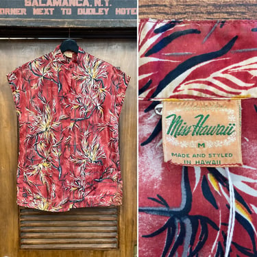 Vintage 1940’s “Kamehameha” Nylon Vertical Print Tea-Timer Hawaiian Blouse Shirt Top, 40’s Vintage Clothing 