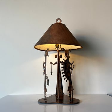 90's Vintage Southwest Taos Art Metal Table Lamp, Signed 