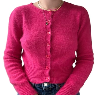 Vintage 1980s Womens Hot Pink Angora Blend Fluffy Fuzzy Soft Cardigan Sz M 