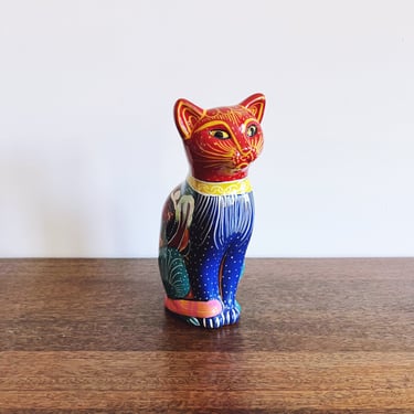 Vintage Mexican Ceramic Painted Cat Figurine 