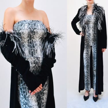 90s 2000s Vintage Black Feather Jacket Velvet Shirt Duster Feathers Medium// Vintage Black Velvet Duster Jacket Marabou Ostrich Boa Feathers 