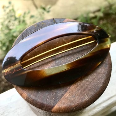 Vintage French Barrette Tortoise Shell Hair Clip Bar France Acetate Brass Retro Accessories 