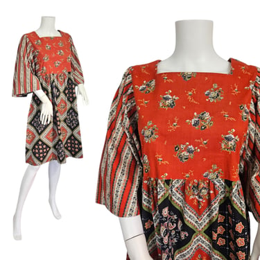 1970's Orange Mixed Print Cotton Calico Peasant Dress I  Sz Lrg I Volup Vintage 