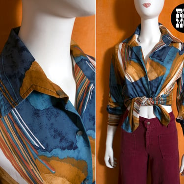 Unique Vintage 70s Blue Brown Abstract Patterned Long Sleeve Collared Shirt 
