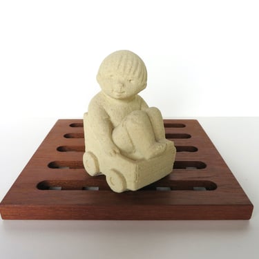 Vintage Marbell Sandstone Boy in Cart Figurine From Belgium, Stone Art Collectible Sculpture 